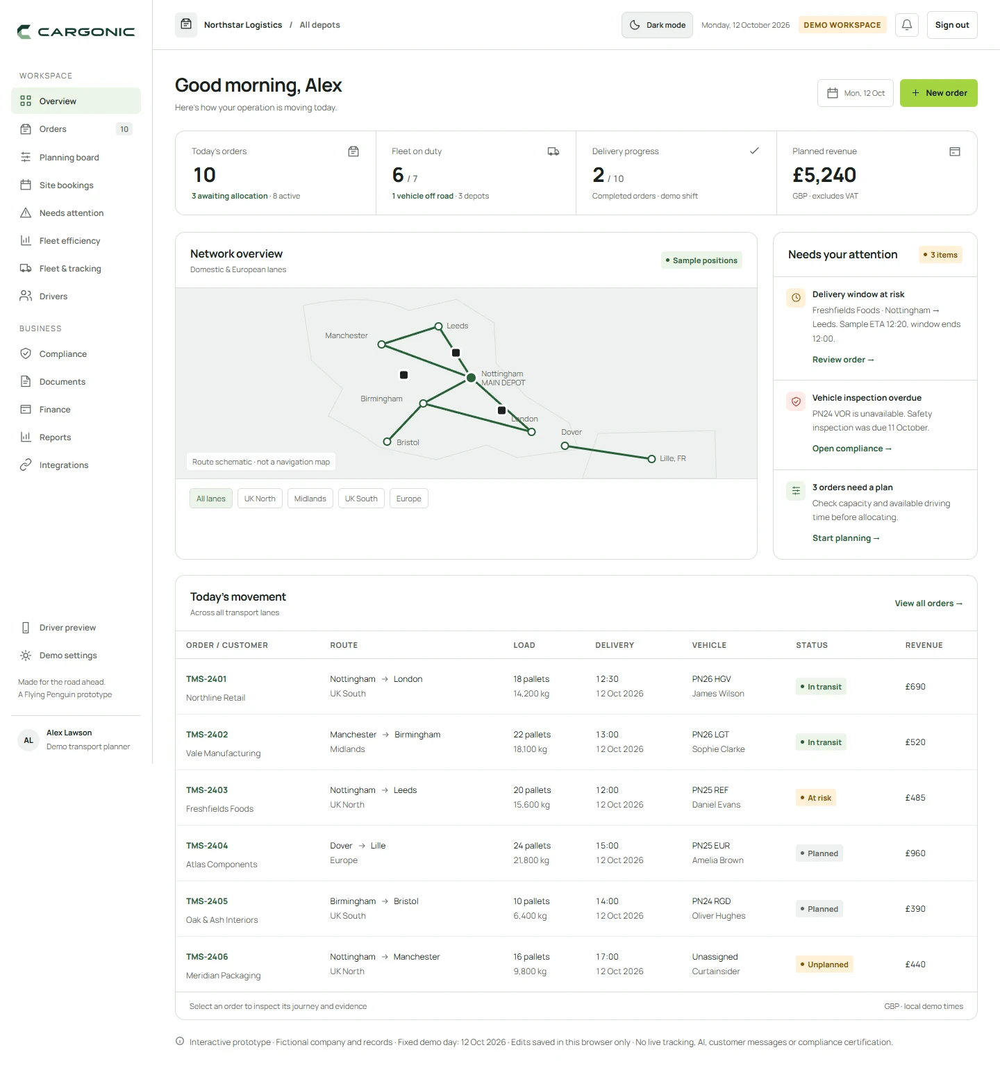Cargonic light workspace showing orders, route lanes and planning exceptions