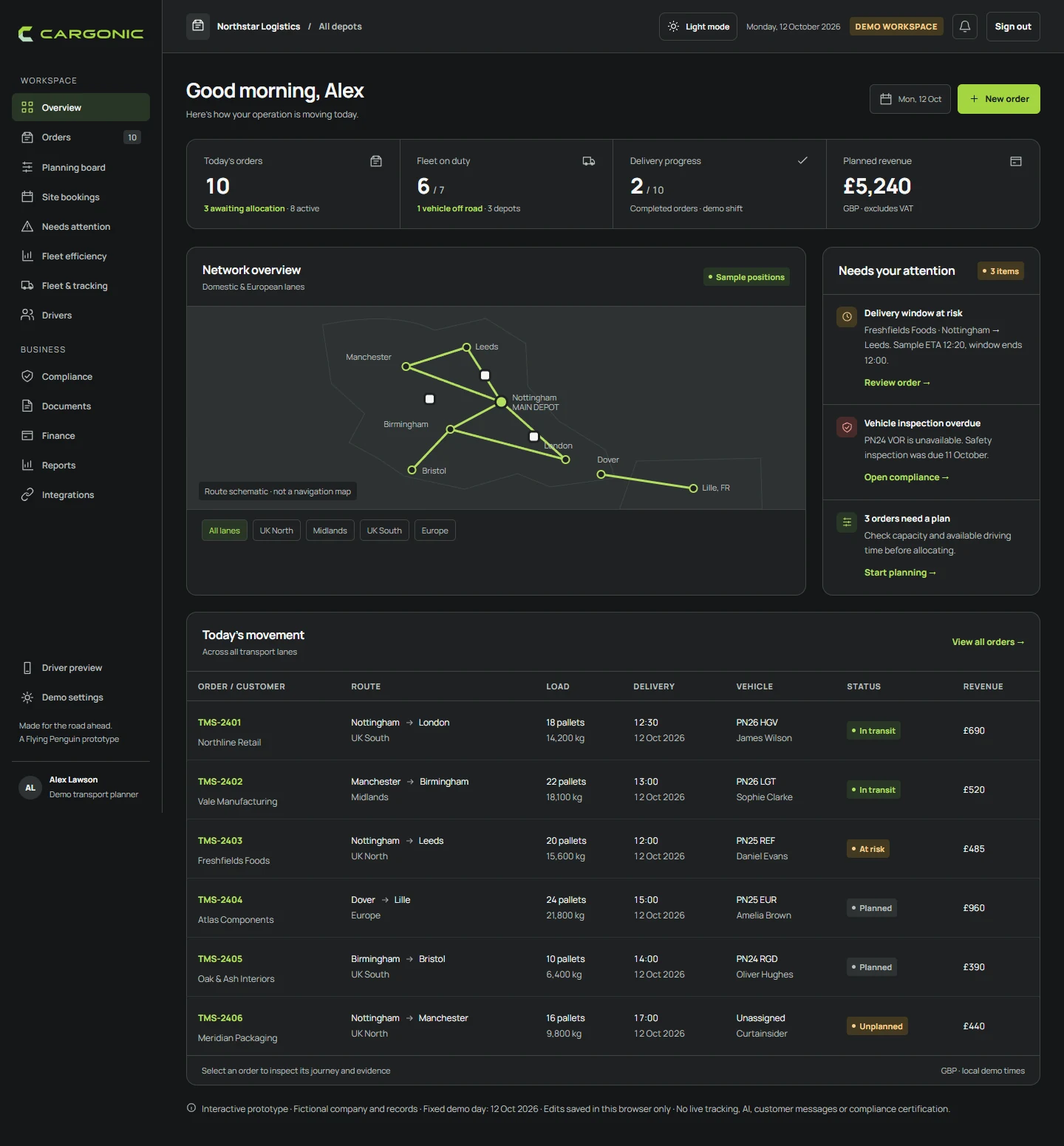 Cargonic dark workspace showing orders, route lanes and planning exceptions